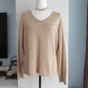 New JACLYN SMITH Sweater Sz L V-Neck, Long Sleeve, Stretch Metallic Gold Color
